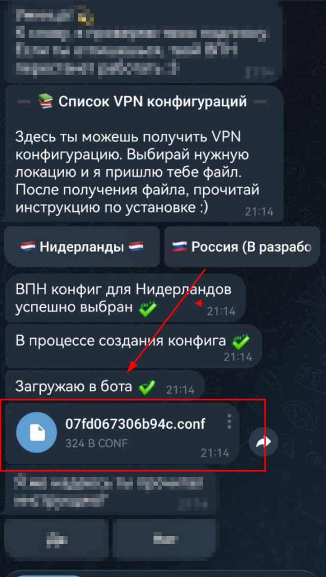 Кнопка получить VPN в боте